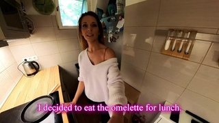 Eating omlette with spunk in public restaurant - and with extra frash jizz from the dressing room