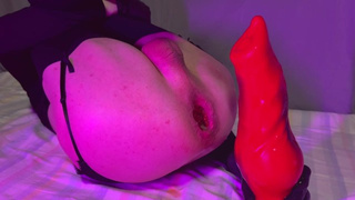 Red monster dildo destroys femboy whore's butthole until it prolapses