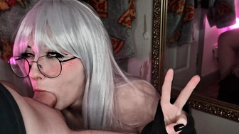 Charming petit 18 year cougar Egirl deepthroats enormous wang with ahegao face and gets jizz on glasses